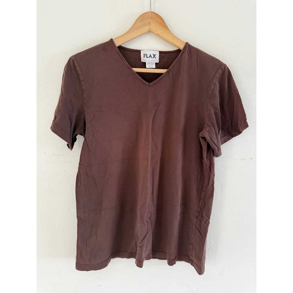 FLAX Womens Brown V-Neck Short Sleeve 100% Cotton T-Shirt Size Medium USA Made